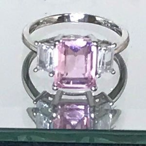 Silver Tone Women’s Ring With Pink, Square Centre Stone/White, Square Stones